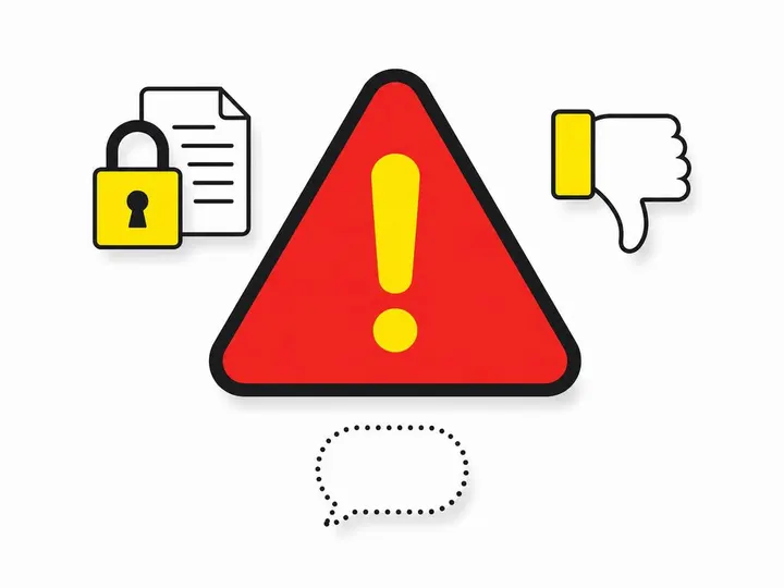 Clean modern flat-vector illustration on a pure white (#ffffff) background. A large red warning triangle (charcoal #1111