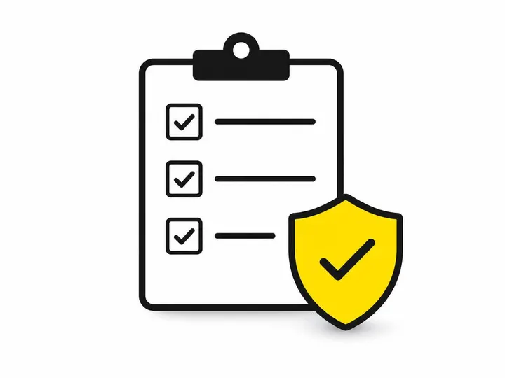 Flat-vector illustration on a clean white (#ffffff) background: a simple checklist clipboard icon in dark charcoal (#111