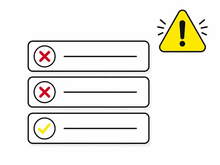 A clean flat-vector illustration on a pure white (#ffffff) background showing a simple checklist or warning-sign concept