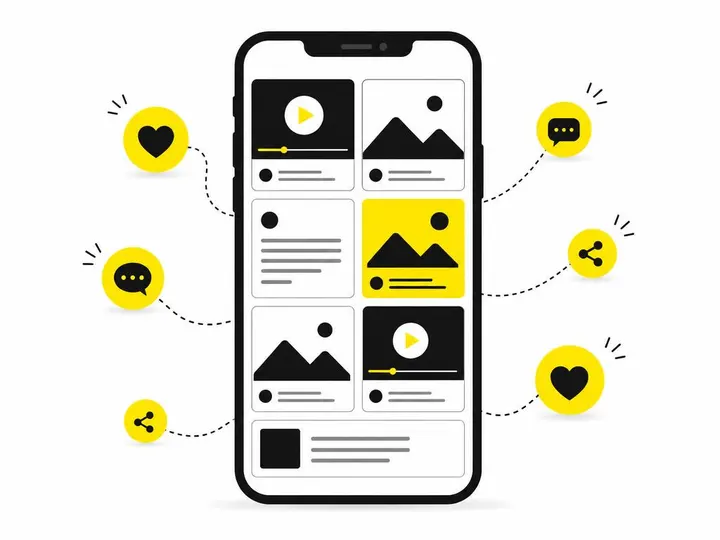 Clean flat-vector illustration of a smartphone screen showing a grid of content tiles — video play icons, image frames, 
