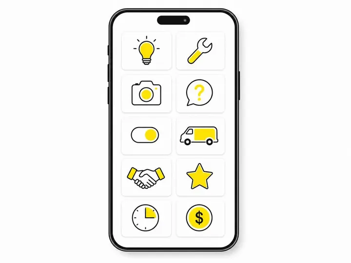 A clean flat-vector illustration on a pure white (#ffffff) background showing a smartphone screen with ten small story c