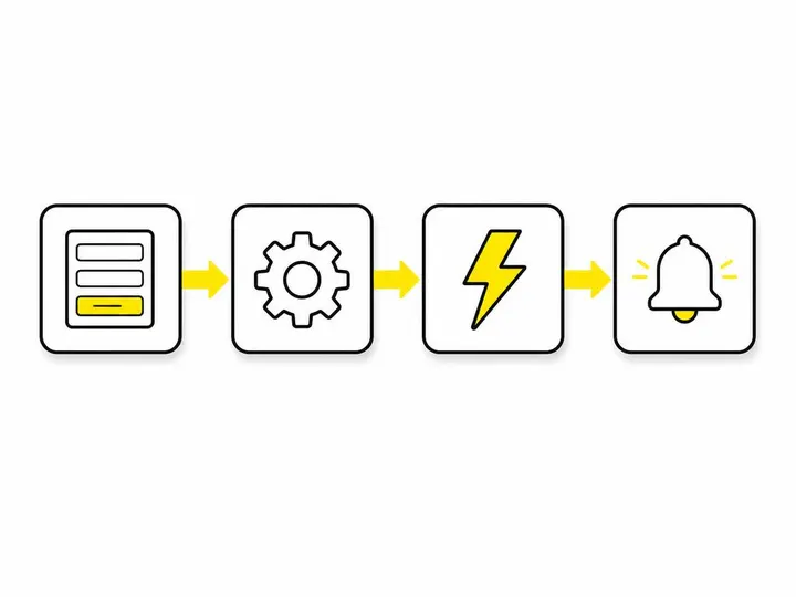 Flat-vector illustration on a clean white (#ffffff) background. A step-by-step flow of four connected squares in dark ch