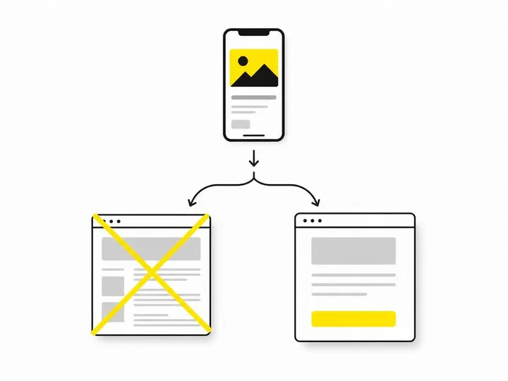 A clean modern flat-vector illustration on a pure white (#ffffff) background showing a simplified ad funnel: a small pho