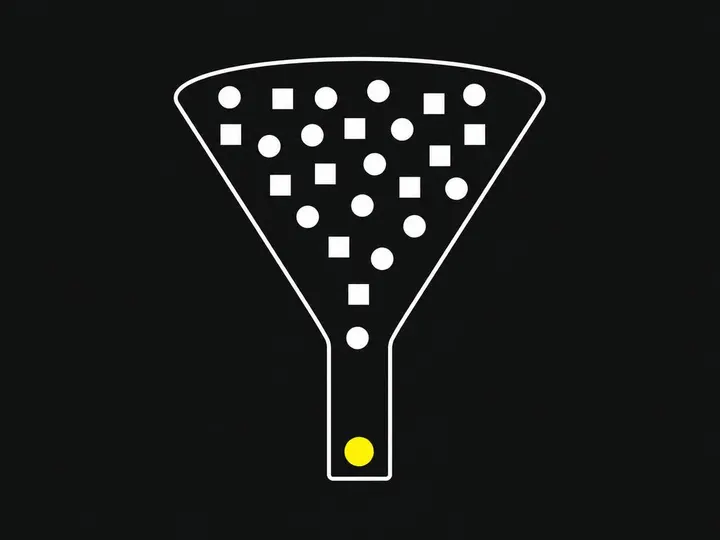 Flat-vector illustration: a funnel shape in white outline on a dark charcoal (#111) background, wide at the top and narr