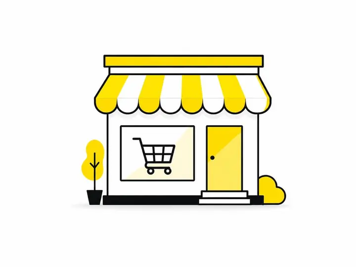 Clean modern flat-vector illustration showing a simplified Shopify storefront icon: a simple geometric shop building wit
