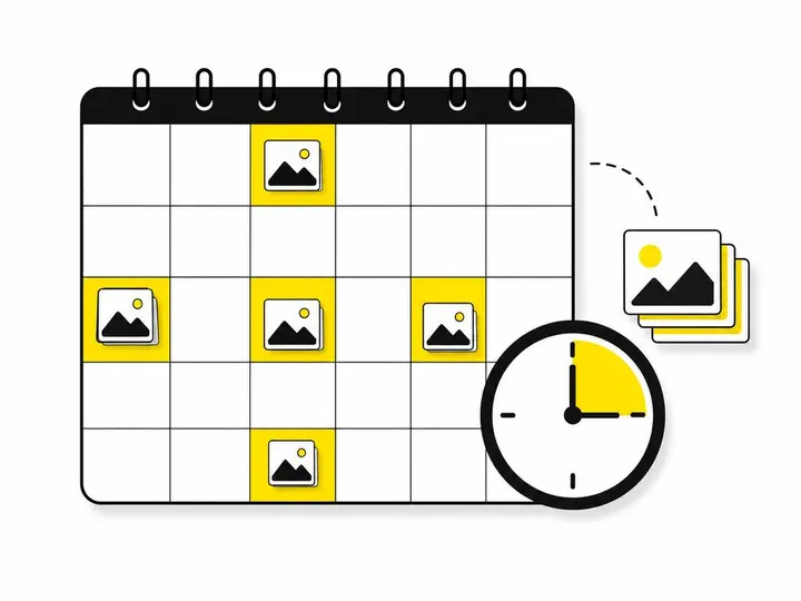 Clean modern flat-vector illustration of a calendar grid with geometric photo icons scattered across different days, sim