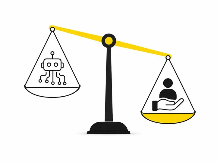 A clean modern flat-vector illustration on a pure white (#ffffff) background showing a simple balance scale: on the left