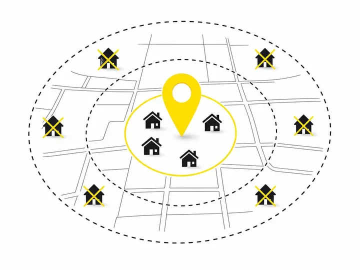 Clean modern flat-vector illustration of a map pin icon centered on concentric radius circles overlaid on a simplified s