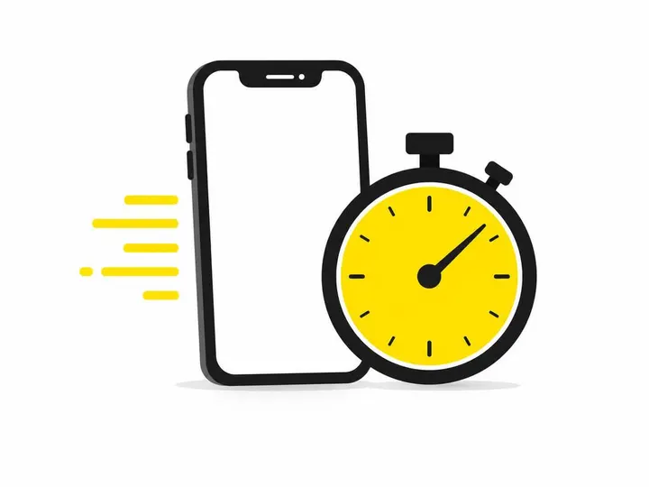 Clean modern flat-vector illustration on a CLEAN WHITE background: a smartphone icon with a stopwatch or clock symbol ne