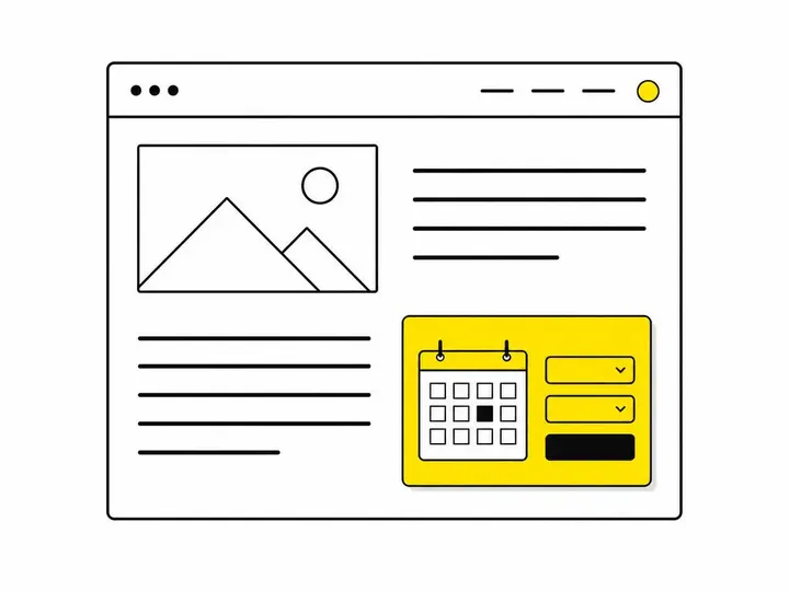 Clean flat-vector illustration on a pure white (#ffffff) background: a website page layout diagram with a simple header
