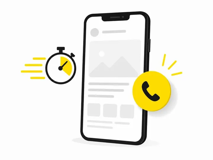 Modern flat-vector illustration showing a mobile phone with a sticky floating button (representing click-to-call) and sp