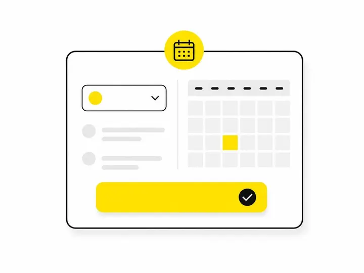 Clean flat-vector illustration on a pure white (#ffffff) background: a simple booking form UI — depicted as geometric fl
