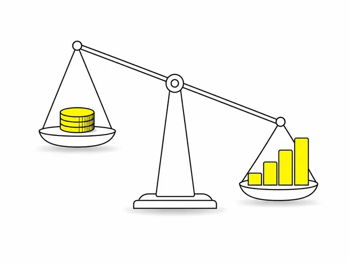 A clean modern flat-vector illustration on a pure white (#ffffff) background showing a simple balance scale: one side ho