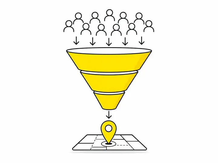 Clean modern flat-vector illustration on a pure white (#ffffff) background. Depicts a simplified funnel diagram showing 