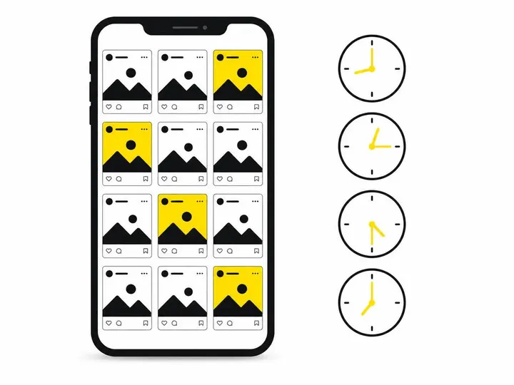 A clean modern flat-vector illustration depicting a smartphone screen with social post thumbnails arranged in a grid, al