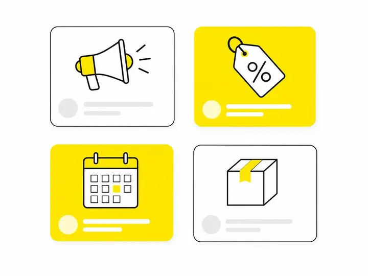 Clean modern flat-vector illustration on a pure white (#ffffff) background showing four distinct rectangular card shapes