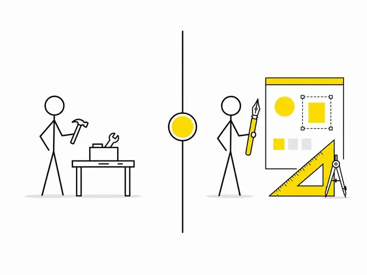 Simple flat-vector illustration depicting the DIY versus professional design decision: on one side a stick figure with b