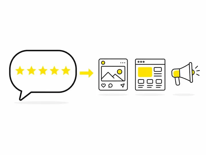 Clean modern flat-vector illustration on a pure white (#ffffff) background: a large speech-bubble icon containing five s