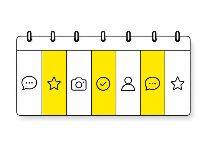 A clean flat-vector illustration on a pure white (#ffffff) background showing a weekly calendar grid with simple icons i