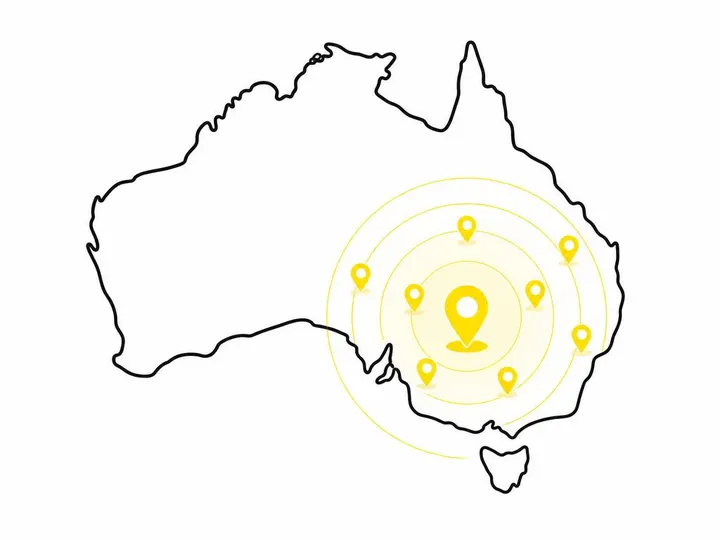 Clean modern flat-vector illustration on a pure white (#ffffff) background. A simple Australia map outline in dark charc