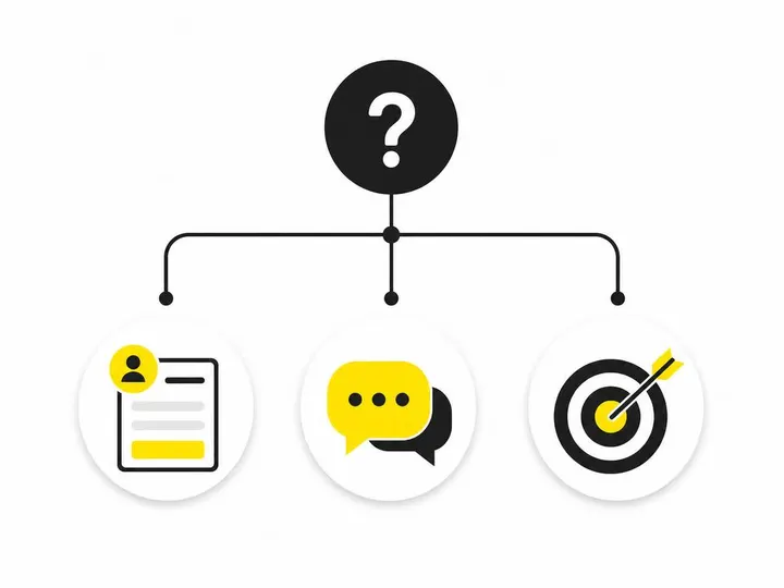 Clean modern flat-vector illustration on a pure white (#ffffff) background. A simple decision-tree diagram: a top node (