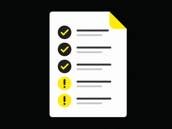 Flat vector illustration of AHPRA compliance checklist, simple geometric document shape with tick marks and warning symb
