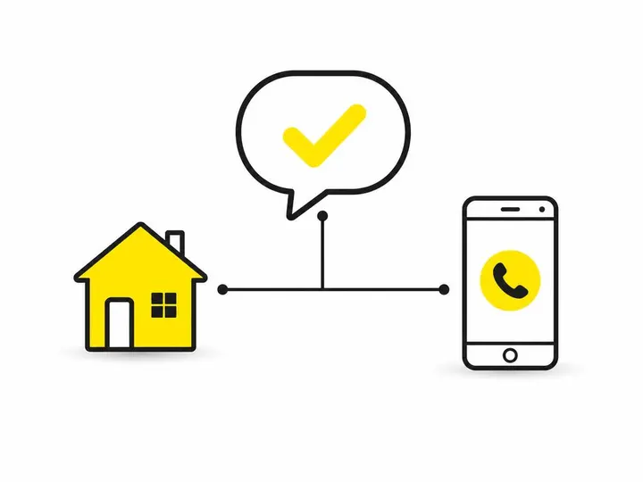 Clean modern flat-vector illustration of a conversation bubble with a checkmark inside, connected to a house icon and a