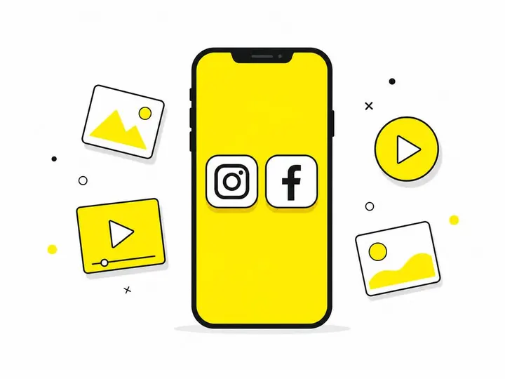 Clean modern flat-vector illustration of a smartphone with Instagram and Facebook app icons side by side, surrounded by