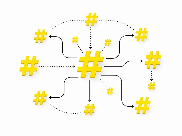 Flat-vector illustration of hashtag symbols (#) arranged in a cluster with connecting lines showing discovery pathways. 