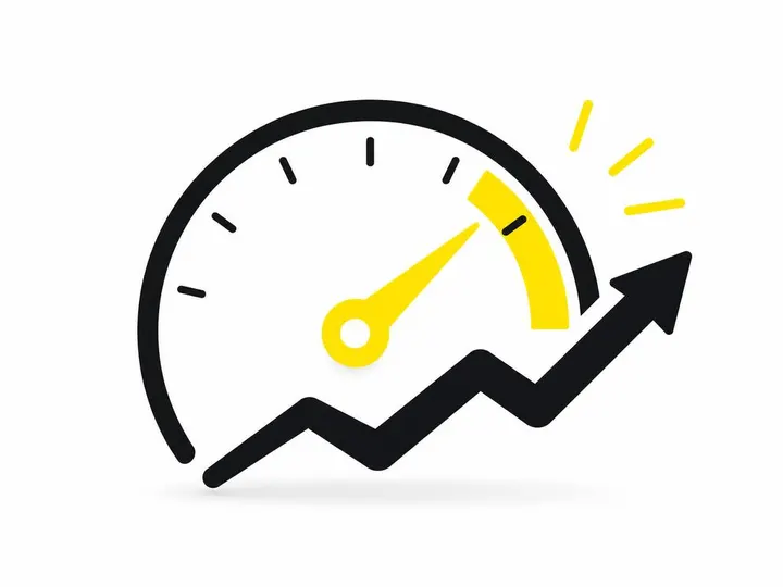 Clean modern flat-vector illustration of a speedometer gauge with an upward-trending arrow, representing site performanc