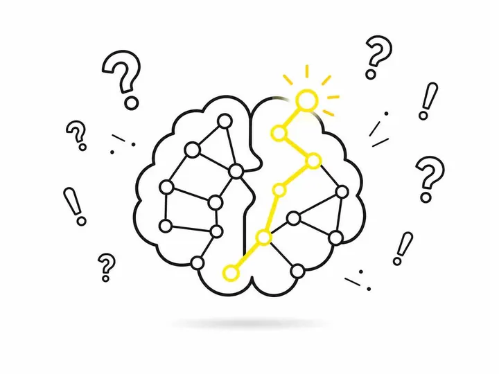 A clean modern flat-vector illustration on a CLEAN WHITE (#ffffff) background showing a simplified brain icon made of co