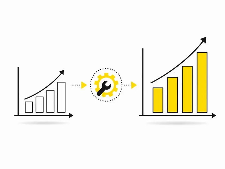 A clean modern flat-vector illustration on a pure white (#ffffff) background showing two upward-trending bar charts side