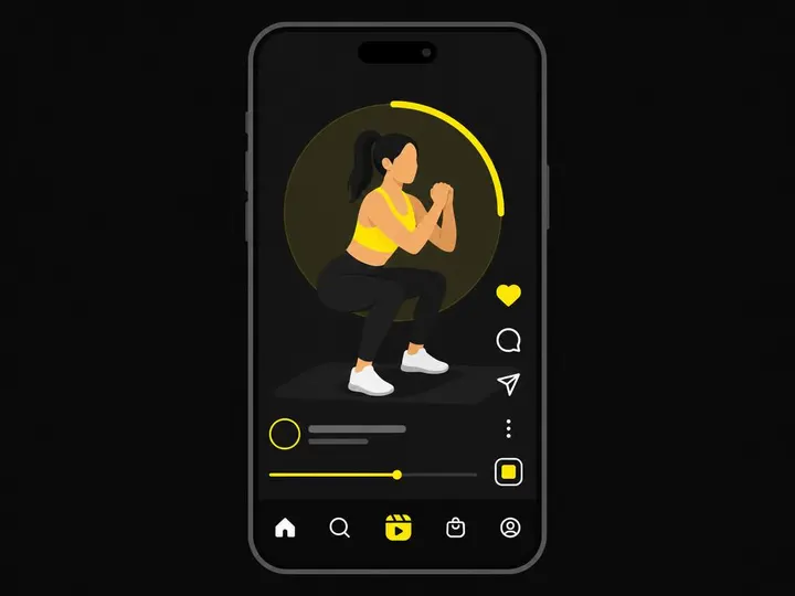 Flat vector illustration of smartphone displaying Instagram Reels interface with exercise demonstration concept, simple