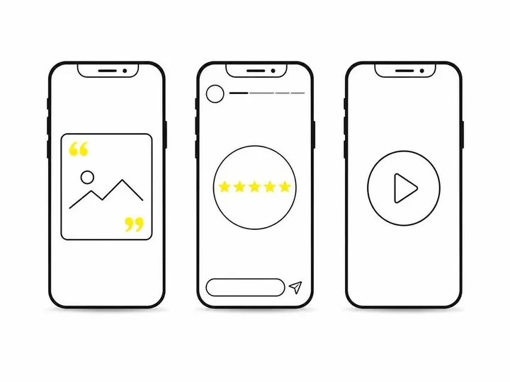 A clean flat-vector illustration on a pure white (#ffffff) background. Shows three simple mobile phone outlines side by
