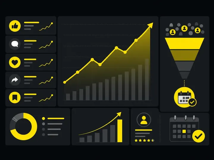 Flat vector illustration of analytics dashboard concept showing social media metrics and patient booking conversion, sim