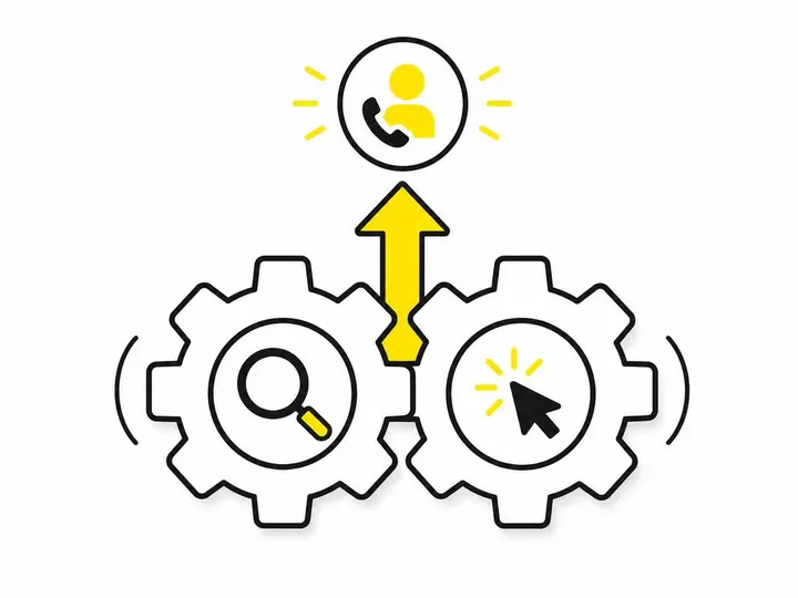 Clean modern flat-vector illustration on a pure white (#ffffff) background. Two interlocking gears side by side: the lef