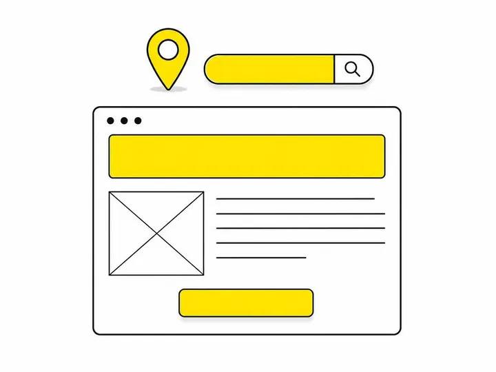 A clean modern flat-vector illustration on a pure white (#ffffff) background. A simple wireframe of a web page layout sh