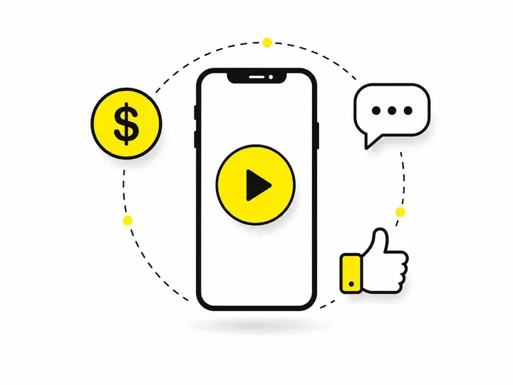 A clean modern flat-vector illustration on a pure white (#ffffff) background. A simple smartphone outline with a large y