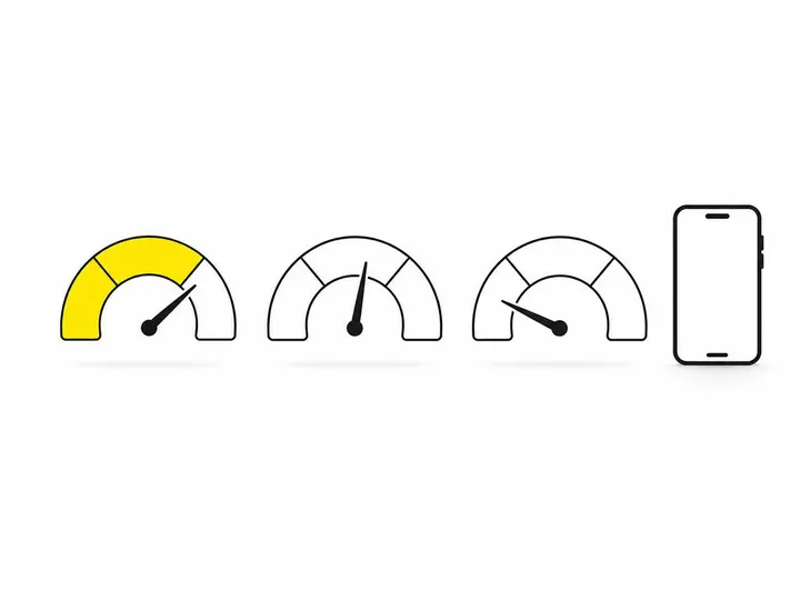 A clean modern flat-vector illustration on a pure white (#ffffff) background depicting Core Web Vitals: three simple gau