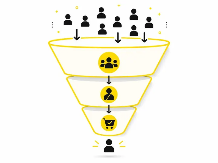 Clean modern flat-vector illustration of a three-stage funnel diagram: wide top (awareness), narrower middle (considerat