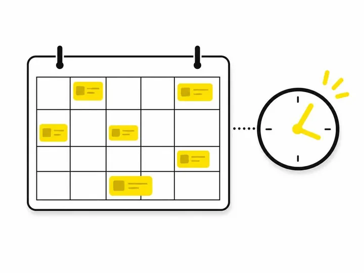 Flat-vector illustration of a simple calendar grid with content blocks scheduled across a week, connected to a clock ico