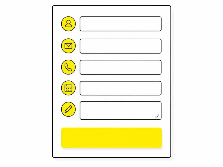 A clean modern flat-vector illustration on a pure white (#ffffff) background. A stylised web form with five clearly labe