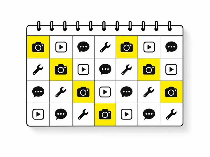 A flat-vector illustration of a weekly content calendar grid with different content-type icons in each cell: a camera fo