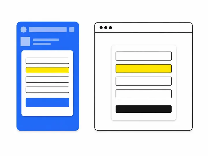 Clean flat-vector illustration on a pure white (#ffffff) background. Two side-by-side simplified form cards: left card s