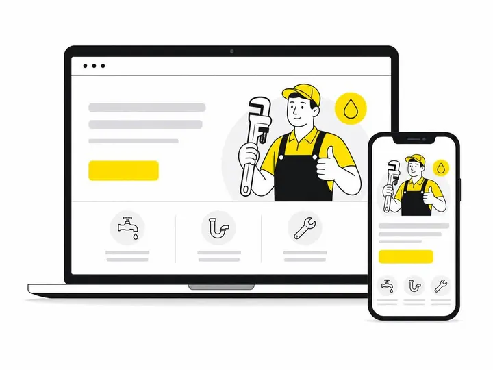 Clean modern flat-vector illustration of a laptop screen showing a simple plumber website homepage with a prominent call