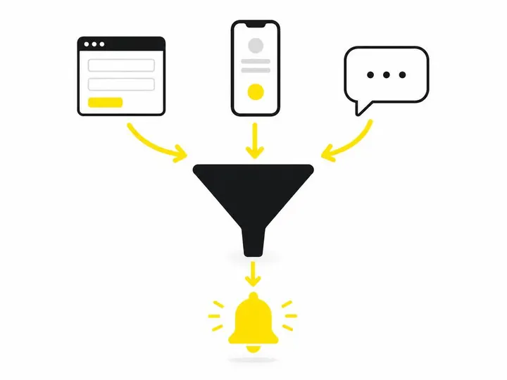 Flat-vector illustration on a clean white (#ffffff) background. A simple diagram showing three source icons (a webpage f