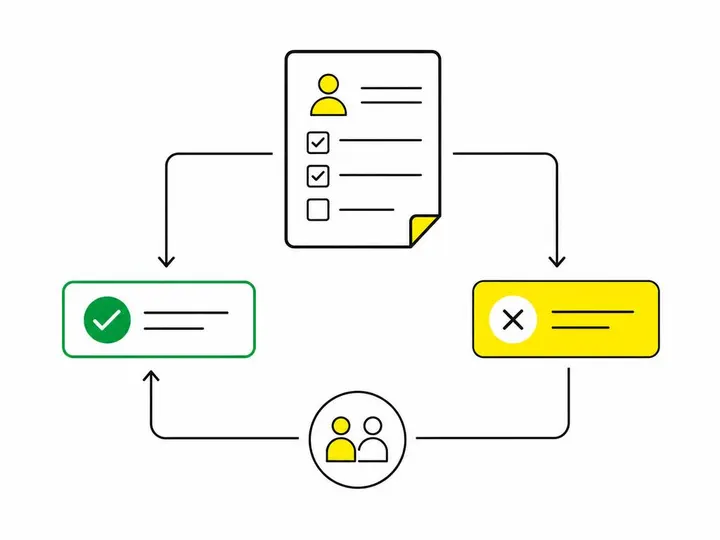 Clean modern flat-vector illustration on a pure white (#ffffff) background. A simple flowchart showing two paths from a