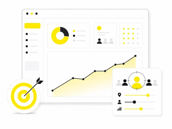 Clean modern flat-vector illustration of a simplified Meta Ads dashboard with audience targeting circles and a rising gr