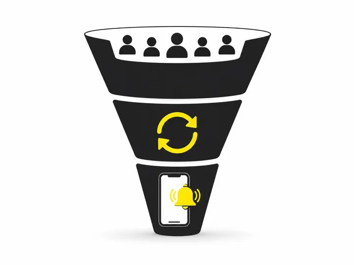 Clean modern flat-vector illustration on a pure white (#ffffff) background. A stylised funnel shape in dark charcoal (#1