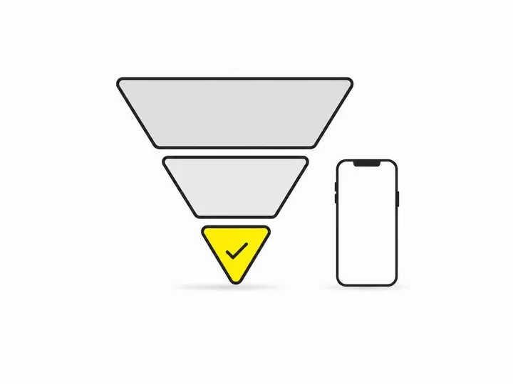 A clean modern flat-vector illustration on a pure white (#ffffff) background showing a simple funnel shape in dark charc